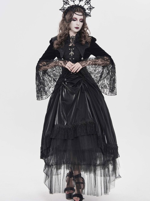 Black Velveteen Bat Wings Shaped Detachable Tassels Stand-Up Collar splicing Flocked Yarn Long Sleeves Swallowtail Gothic Style Coat