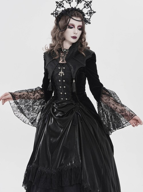 Black Velveteen Bat Wings Shaped Detachable Tassels Stand-Up Collar splicing Flocked Yarn Long Sleeves Swallowtail Gothic Style Coat