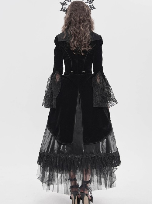Black Velveteen Bat Wings Shaped Detachable Tassels Stand-Up Collar splicing Flocked Yarn Long Sleeves Swallowtail Gothic Style Coat