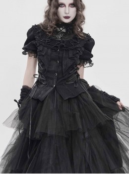 Black Shimmering Silk Chiffon Embossed Tulle Ruffled Small Stand Collar Short Puffed Sleeves Gothic Lolita Shirt