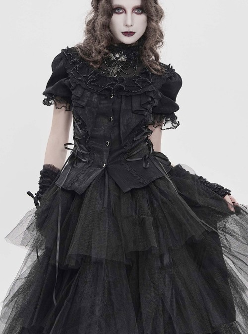 Black Shimmering Silk Chiffon Embossed Tulle Ruffled Small Stand Collar Short Puffed Sleeves Gothic Lolita Shirt