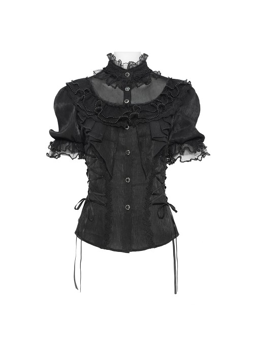 Black Shimmering Silk Chiffon Embossed Tulle Ruffled Small Stand Collar Short Puffed Sleeves Gothic Lolita Shirt