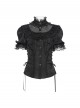 Black Shimmering Silk Chiffon Embossed Tulle Ruffled Small Stand Collar Short Puffed Sleeves Gothic Lolita Shirt