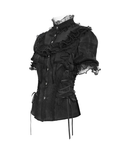 Black Shimmering Silk Chiffon Embossed Tulle Ruffled Small Stand Collar Short Puffed Sleeves Gothic Lolita Shirt