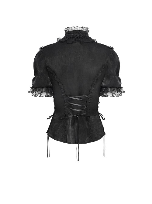 Black Shimmering Silk Chiffon Embossed Tulle Ruffled Small Stand Collar Short Puffed Sleeves Gothic Lolita Shirt