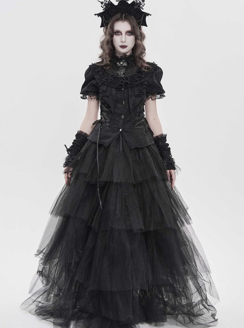 Black Shimmering Silk Chiffon Embossed Tulle Ruffled Small Stand Collar Short Puffed Sleeves Gothic Lolita Shirt