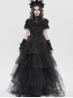 Black Shimmering Silk Chiffon Embossed Tulle Ruffled Small Stand Collar Short Puffed Sleeves Gothic Lolita Shirt
