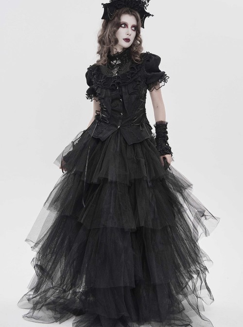 Black Shimmering Silk Chiffon Embossed Tulle Ruffled Small Stand Collar Short Puffed Sleeves Gothic Lolita Shirt