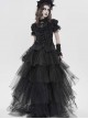 Black Shimmering Silk Chiffon Embossed Tulle Ruffled Small Stand Collar Short Puffed Sleeves Gothic Lolita Shirt