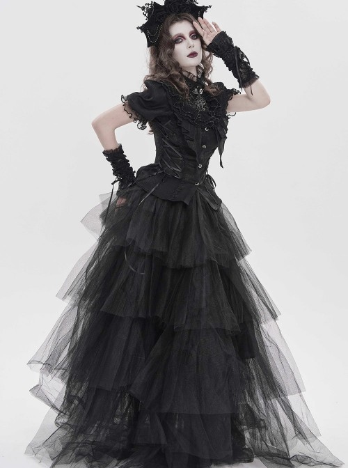 Black Shimmering Silk Chiffon Embossed Tulle Ruffled Small Stand Collar Short Puffed Sleeves Gothic Lolita Shirt