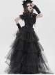 Black Shimmering Silk Chiffon Embossed Tulle Ruffled Small Stand Collar Short Puffed Sleeves Gothic Lolita Shirt
