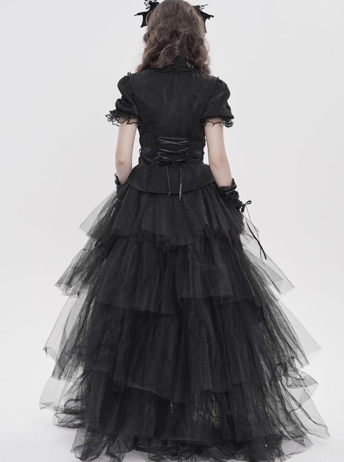 Black Shimmering Silk Chiffon Embossed Tulle Ruffled Small Stand Collar Short Puffed Sleeves Gothic Lolita Shirt