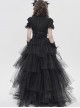 Black Shimmering Silk Chiffon Embossed Tulle Ruffled Small Stand Collar Short Puffed Sleeves Gothic Lolita Shirt