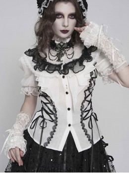 Black White Color-Blocked 3D Textured Embossed Slightly Glossy Chiffon Tulle Ruffled Small Stand Collar Short Puffed Sleeves Gothic Lolita Shirt