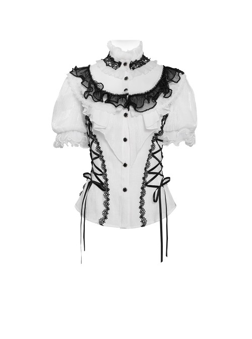 Black White Color-Blocked 3D Textured Embossed Slightly Glossy Chiffon Tulle Ruffled Small Stand Collar Short Puffed Sleeves Gothic Lolita Shirt