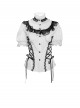 Black White Color-Blocked 3D Textured Embossed Slightly Glossy Chiffon Tulle Ruffled Small Stand Collar Short Puffed Sleeves Gothic Lolita Shirt