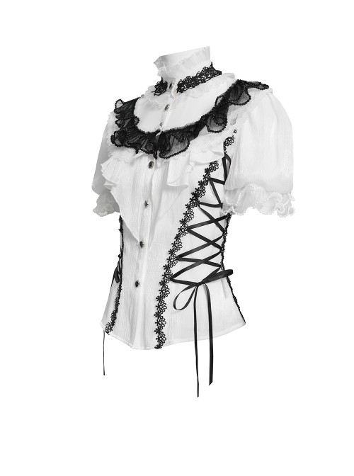Black White Color-Blocked 3D Textured Embossed Slightly Glossy Chiffon Tulle Ruffled Small Stand Collar Short Puffed Sleeves Gothic Lolita Shirt