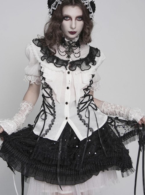 Black White Color-Blocked 3D Textured Embossed Slightly Glossy Chiffon Tulle Ruffled Small Stand Collar Short Puffed Sleeves Gothic Lolita Shirt