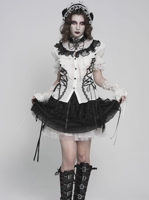 Black White Color-Blocked 3D Textured Embossed Slightly Glossy Chiffon Tulle Ruffled Small Stand Collar Short Puffed Sleeves Gothic Lolita Shirt
