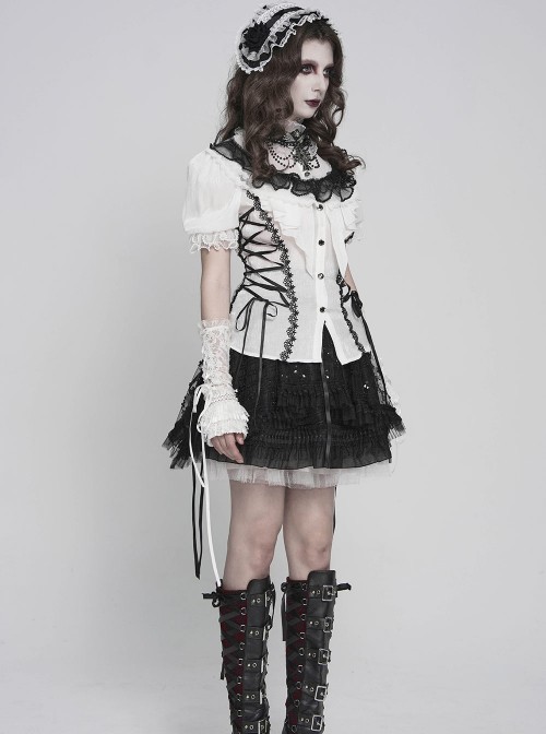 Black White Color-Blocked 3D Textured Embossed Slightly Glossy Chiffon Tulle Ruffled Small Stand Collar Short Puffed Sleeves Gothic Lolita Shirt