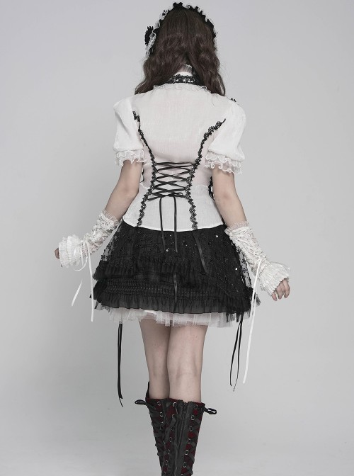 Black White Color-Blocked 3D Textured Embossed Slightly Glossy Chiffon Tulle Ruffled Small Stand Collar Short Puffed Sleeves Gothic Lolita Shirt