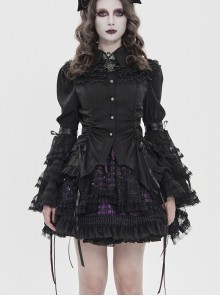 Black Vertical Striped Lapel Chest Overlapping Lace Ruffle Large Bell Sleeves Gothic Style Thin Long Sleeves Shirt