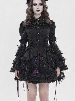 Black Vertical Striped Lapel Chest Overlapping Lace Ruffle Large Bell Sleeves Gothic Style Thin Long Sleeves Shirt