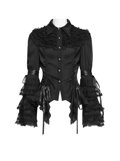 Black Vertical Striped Lapel Chest Overlapping Lace Ruffle Large Bell Sleeves Gothic Style Thin Long Sleeves Shirt