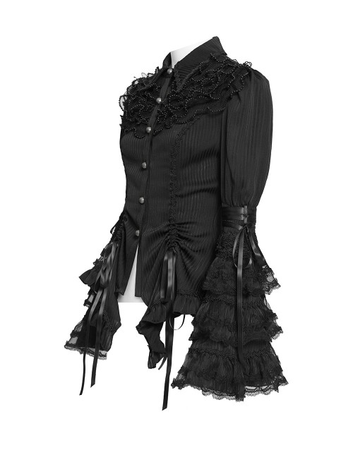 Black Vertical Striped Lapel Chest Overlapping Lace Ruffle Large Bell Sleeves Gothic Style Thin Long Sleeves Shirt