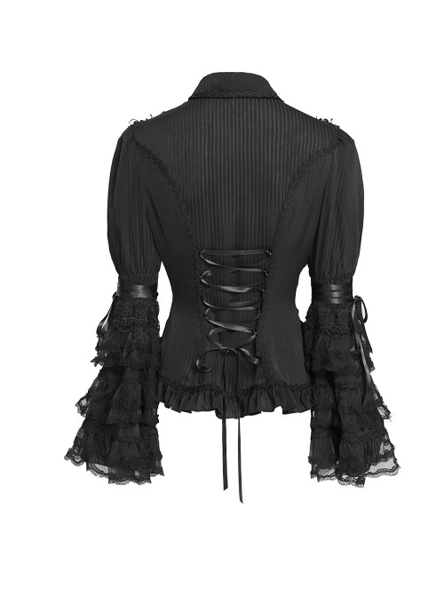 Black Vertical Striped Lapel Chest Overlapping Lace Ruffle Large Bell Sleeves Gothic Style Thin Long Sleeves Shirt
