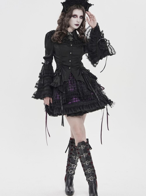 Black Vertical Striped Lapel Chest Overlapping Lace Ruffle Large Bell Sleeves Gothic Style Thin Long Sleeves Shirt