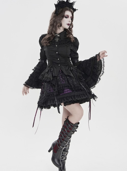 Black Vertical Striped Lapel Chest Overlapping Lace Ruffle Large Bell Sleeves Gothic Style Thin Long Sleeves Shirt