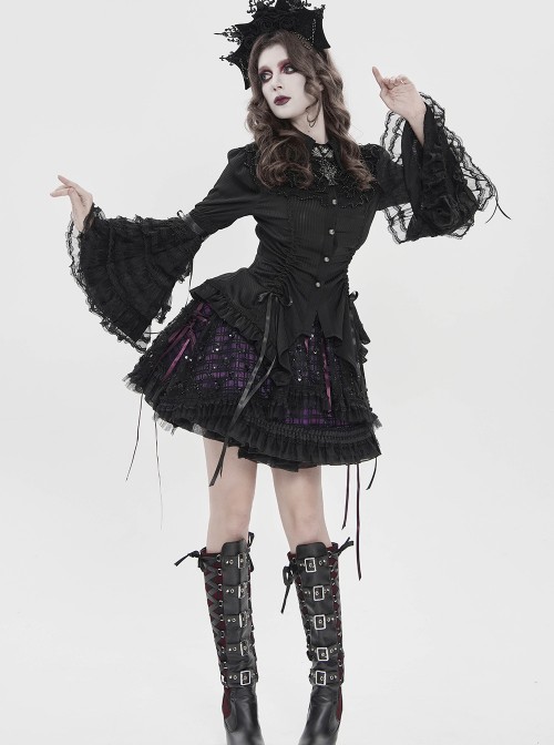 Black Vertical Striped Lapel Chest Overlapping Lace Ruffle Large Bell Sleeves Gothic Style Thin Long Sleeves Shirt