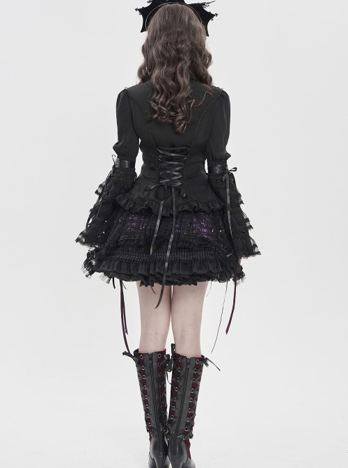 Black Vertical Striped Lapel Chest Overlapping Lace Ruffle Large Bell Sleeves Gothic Style Thin Long Sleeves Shirt