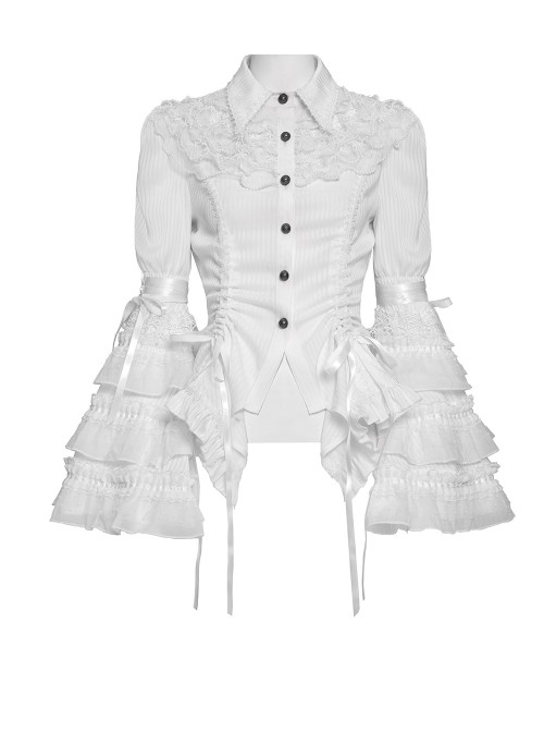 White Vertical Striped Lapel Chest Overlapping Lace Ruffle Large Bell Sleeves Gothic Style Thin Long Sleeves Shirt