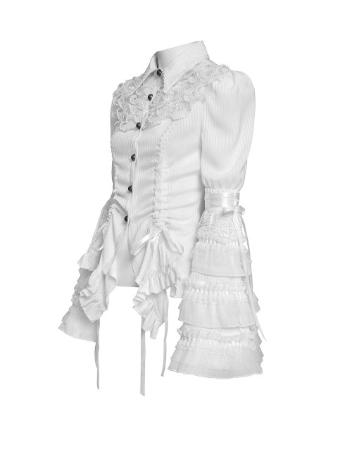 White Vertical Striped Lapel Chest Overlapping Lace Ruffle Large Bell Sleeves Gothic Style Thin Long Sleeves Shirt