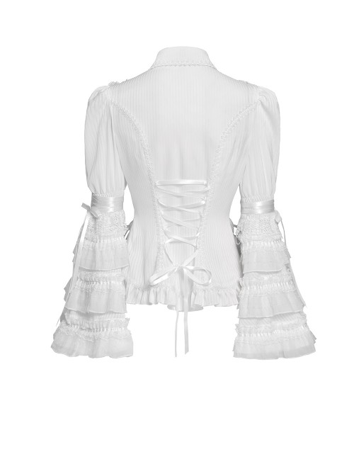 White Vertical Striped Lapel Chest Overlapping Lace Ruffle Large Bell Sleeves Gothic Style Thin Long Sleeves Shirt