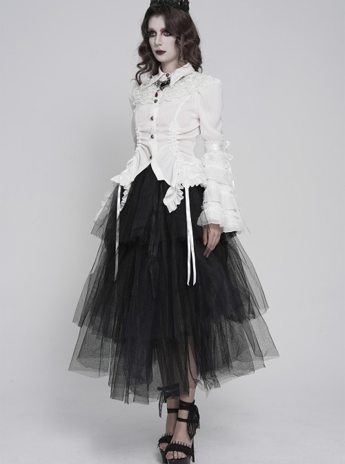 White Vertical Striped Lapel Chest Overlapping Lace Ruffle Large Bell Sleeves Gothic Style Thin Long Sleeves Shirt