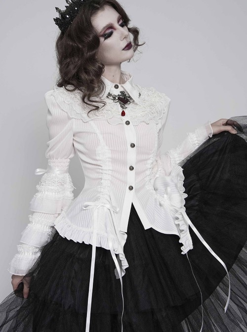 White Vertical Striped Lapel Chest Overlapping Lace Ruffle Large Bell Sleeves Gothic Style Thin Long Sleeves Shirt
