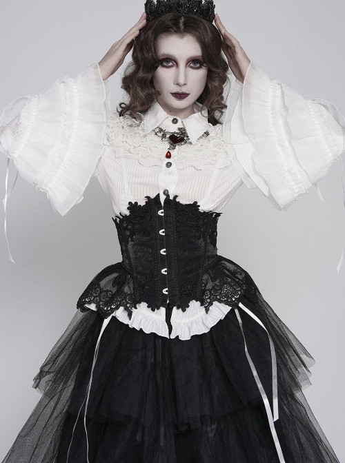 White Vertical Striped Lapel Chest Overlapping Lace Ruffle Large Bell Sleeves Gothic Style Thin Long Sleeves Shirt