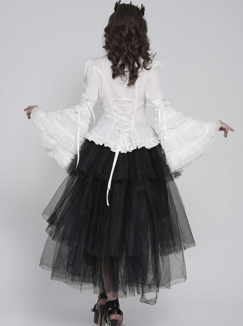 White Vertical Striped Lapel Chest Overlapping Lace Ruffle Large Bell Sleeves Gothic Style Thin Long Sleeves Shirt
