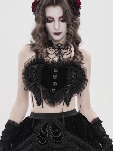 Black Heart-Shaped Velveteen Splicing Mesh Lace Decoration Sides Drawstrings Cute Gothic Style Super Short Tank Top