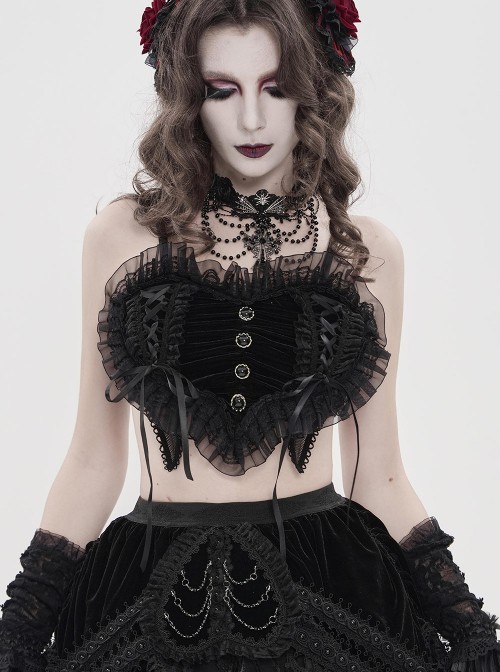 Black Heart-Shaped Velveteen Splicing Mesh Lace Decoration Sides Drawstrings Cute Gothic Style Super Short Tank Top