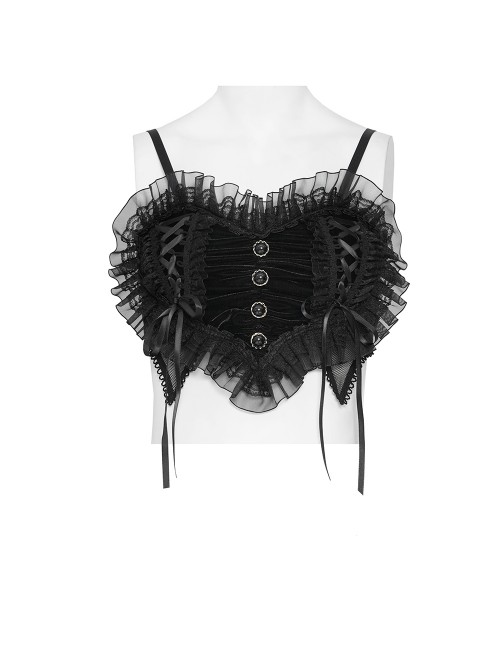 Black Heart-Shaped Velveteen Splicing Mesh Lace Decoration Sides Drawstrings Cute Gothic Style Super Short Tank Top