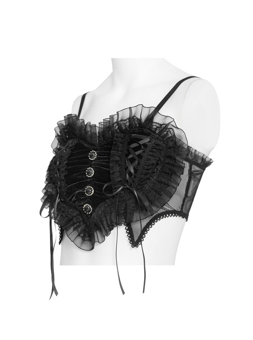 Black Heart-Shaped Velveteen Splicing Mesh Lace Decoration Sides Drawstrings Cute Gothic Style Super Short Tank Top