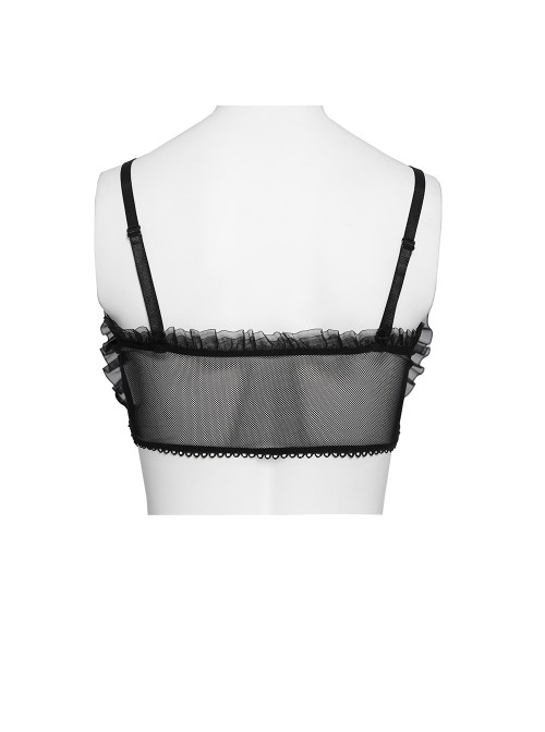 Black Heart-Shaped Velveteen Splicing Mesh Lace Decoration Sides Drawstrings Cute Gothic Style Super Short Tank Top
