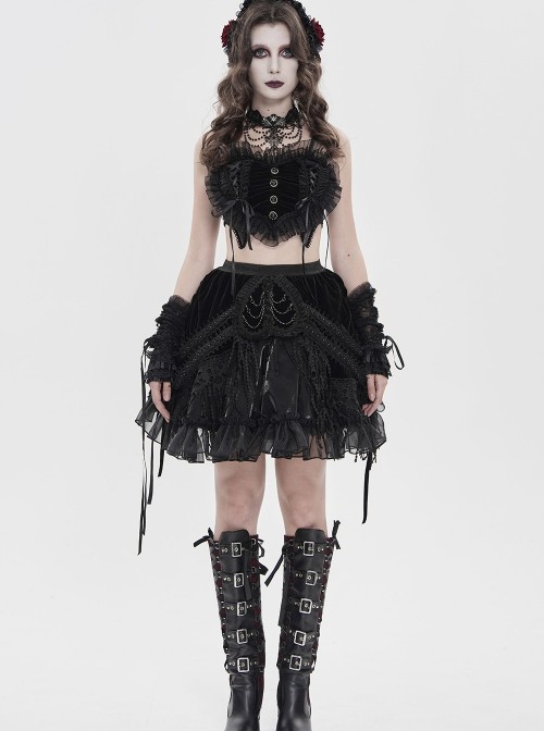 Black Heart-Shaped Velveteen Splicing Mesh Lace Decoration Sides Drawstrings Cute Gothic Style Super Short Tank Top