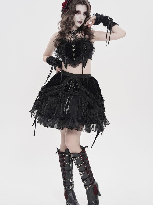 Black Heart-Shaped Velveteen Splicing Mesh Lace Decoration Sides Drawstrings Cute Gothic Style Super Short Tank Top