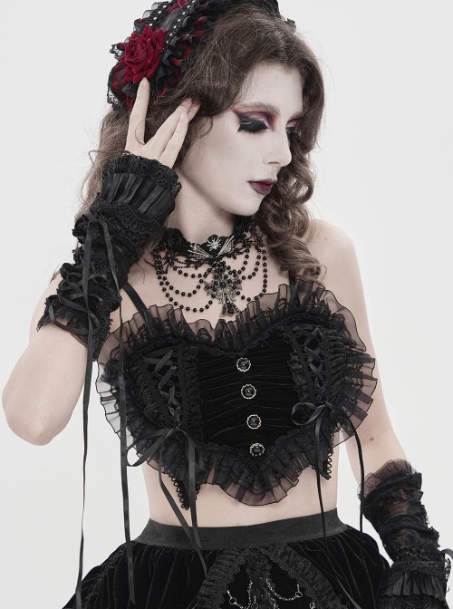 Black Heart-Shaped Velveteen Splicing Mesh Lace Decoration Sides Drawstrings Cute Gothic Style Super Short Tank Top
