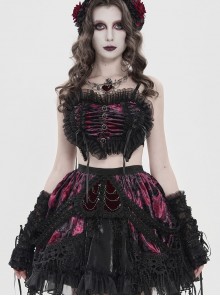 Black Red Heart-Shaped Velveteen Splicing Mesh Lace Decoration Sides Drawstrings Cute Gothic Style Super Short Tank Top